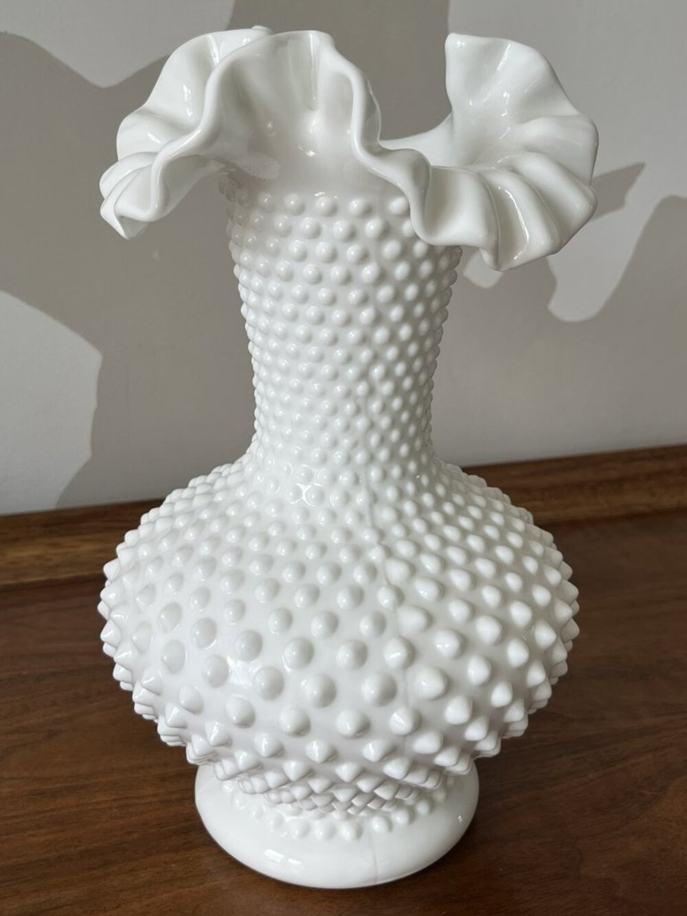 Fenton Large White Double Crimped Hobnail Vase 10.5" Ruffled Milk Glass Vintage